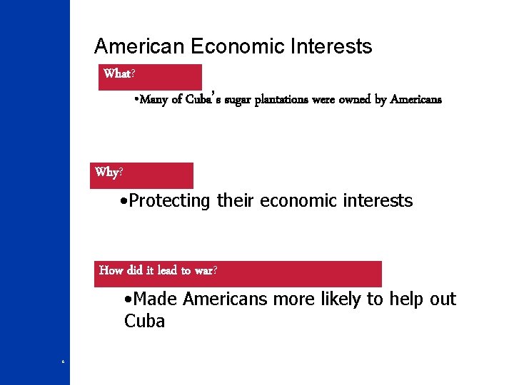 American Economic Interests What? • Many of Cuba’s sugar plantations were owned by Americans