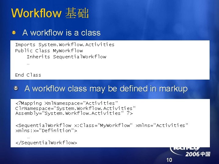 Workflow 基础 A workflow is a class Imports System. Workflow. Activities Public Class My.