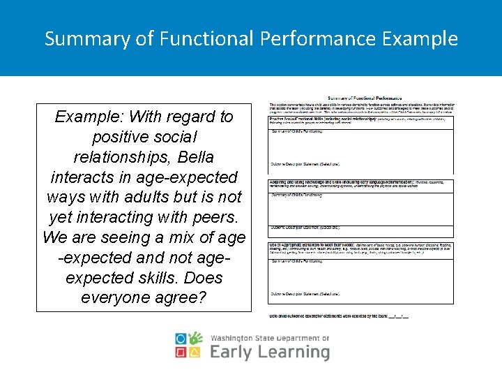 Summary of Functional Performance Example: With regard to positive social relationships, Bella interacts in