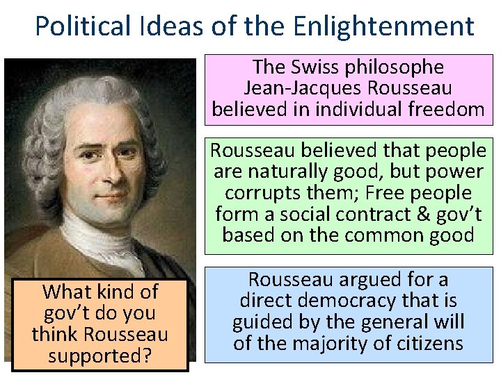 Political Ideas of the Enlightenment The Swiss philosophe Jean-Jacques Rousseau believed in individual freedom