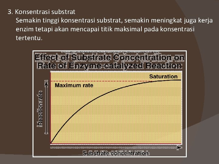 3. Konsentrasi substrat Semakin tinggi konsentrasi substrat, semakin meningkat juga kerja enzim tetapi akan