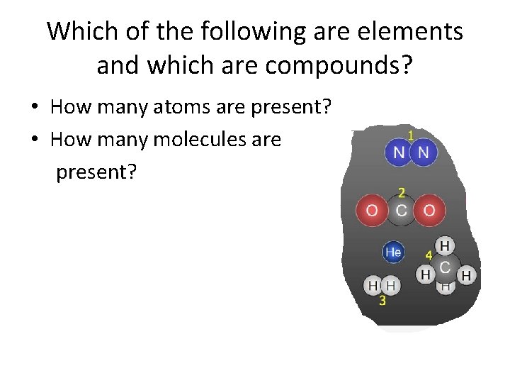 Which of the following are elements and which are compounds? • How many atoms