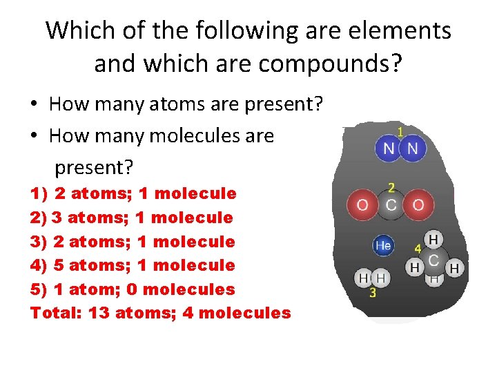 Which of the following are elements and which are compounds? • How many atoms