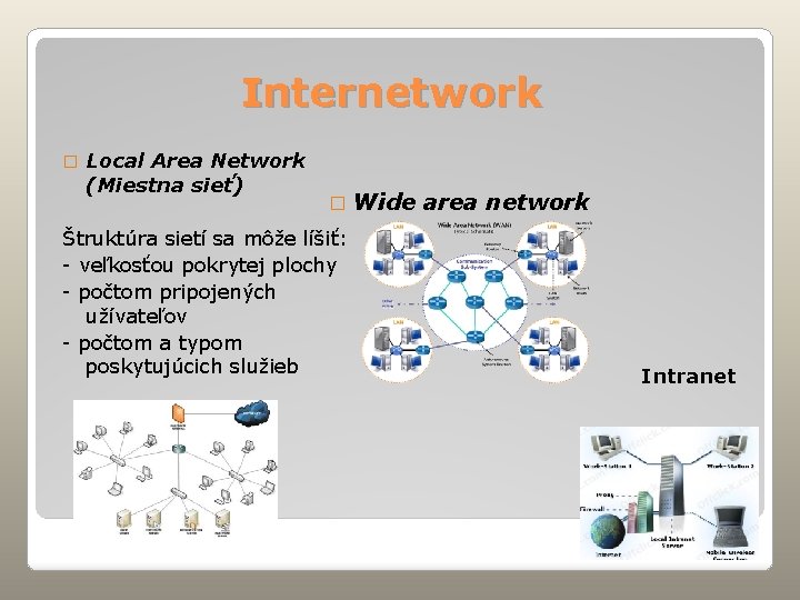 Internetwork � Local Area Network (Miestna sieť) � Wide Štruktúra sietí sa môže líšiť: