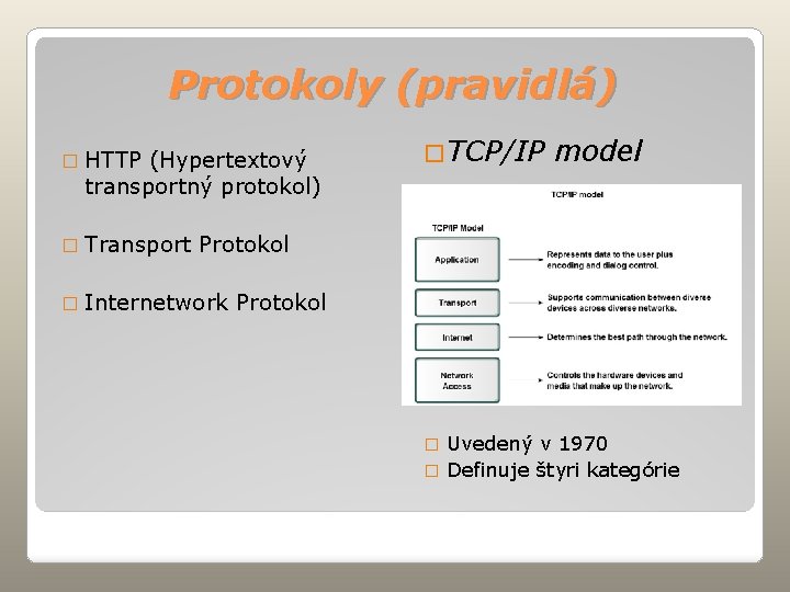 Protokoly (pravidlá) � HTTP (Hypertextový transportný protokol) � Transport �TCP/IP model Protokol � Internetwork