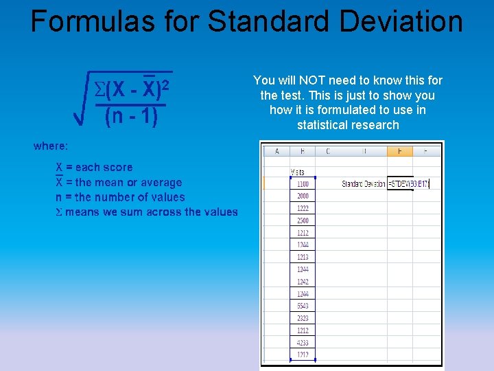 Formulas for Standard Deviation You will NOT need to know this for the test.
