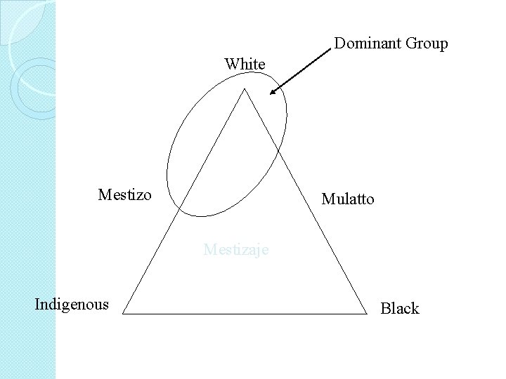 Dominant Group White Mestizo Mulatto Mestizaje Indigenous Black 