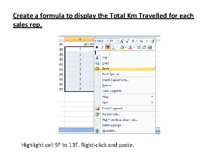 Create a formula to display the Total Km Travelled for each sales rep. Highlight