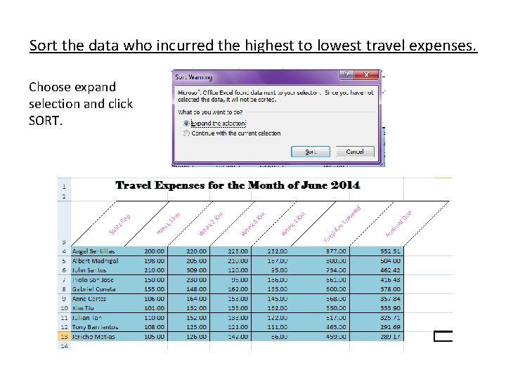 Sort the data who incurred the highest to lowest travel expenses. Choose expand selection