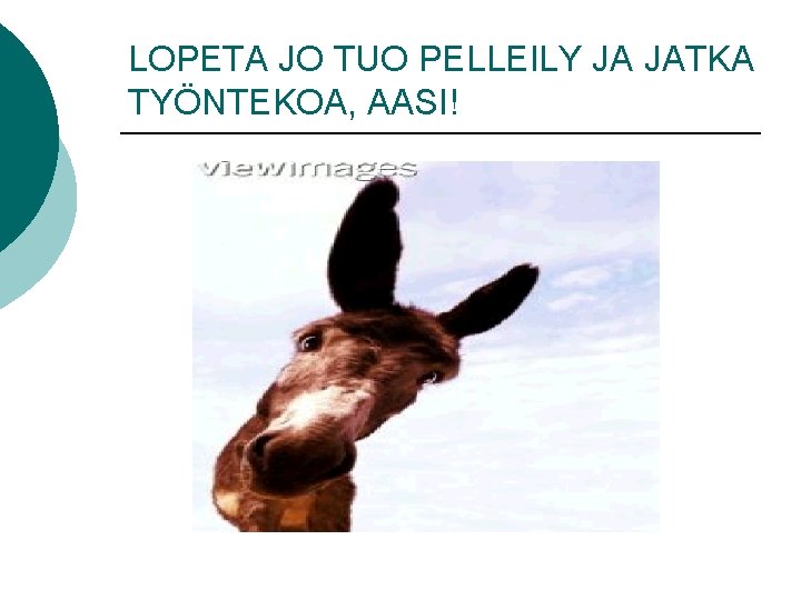 LOPETA JO TUO PELLEILY JA JATKA TYÖNTEKOA, AASI! 