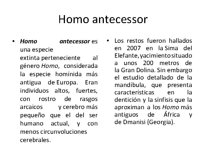 Homo antecessor • Homo antecessor es una especie extinta perteneciente al género Homo, considerada