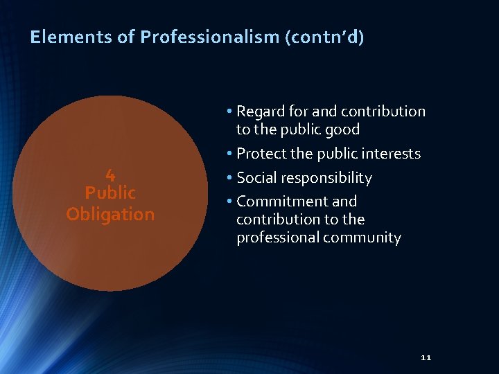 Elements of Professionalism (contn’d) 4 Public Obligation • Regard for and contribution to the