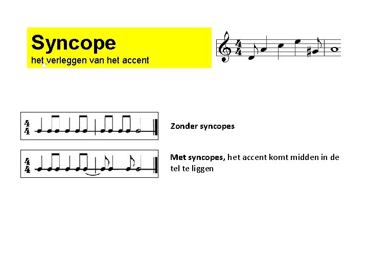 Syncope het verleggen van het accent Zonder syncopes Met syncopes, het accent komt midden