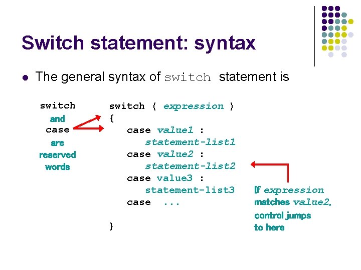 Switch statement: syntax l The general syntax of switch statement is switch and case