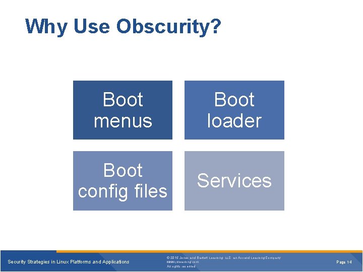 Why Use Obscurity? Boot menus Boot loader Boot config files Services Security Strategies in