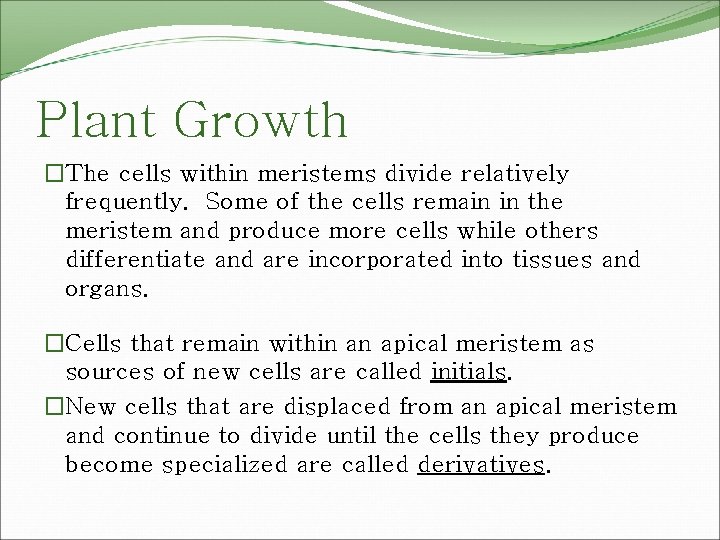 Plant Growth �The cells within meristems divide relatively frequently. Some of the cells remain