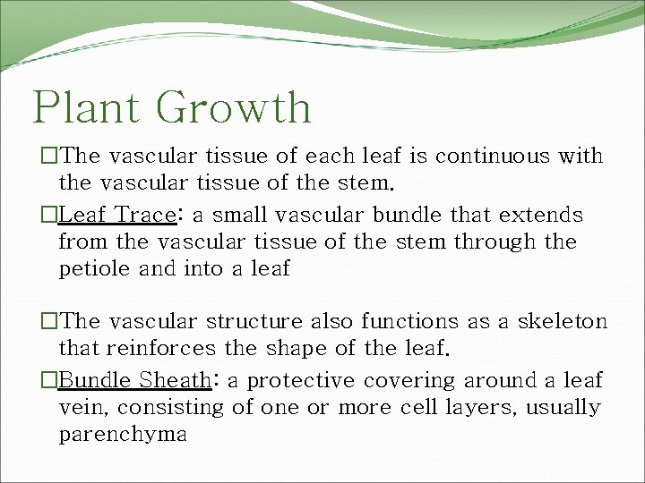Plant Growth �The vascular tissue of each leaf is continuous with the vascular tissue