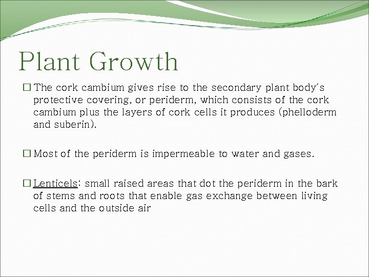Plant Growth � The cork cambium gives rise to the secondary plant body′s protective