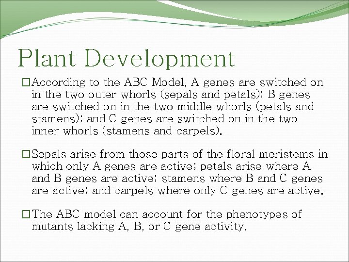 Plant Development �According to the ABC Model, A genes are switched on in the