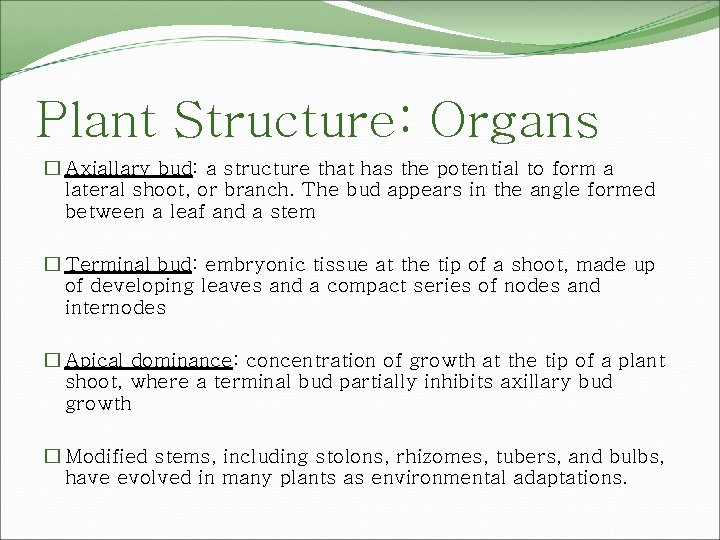 Plant Structure: Organs � Axiallary bud: a structure that has the potential to form
