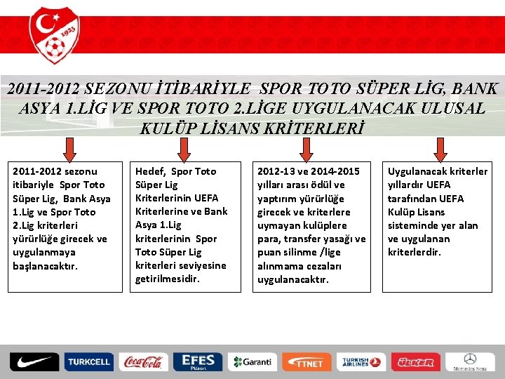 2011 -2012 SEZONU İTİBARİYLE SPOR TOTO SÜPER LİG, BANK ASYA 1. LİG VE SPOR