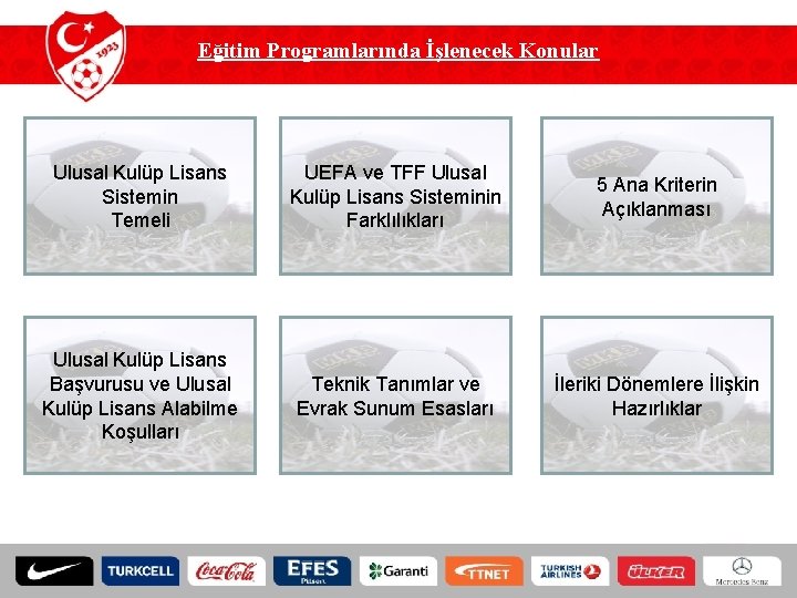 Eğitim Programlarında İşlenecek Konular Ulusal Kulüp Lisans Sistemin Temeli UEFA ve TFF Ulusal Kulüp