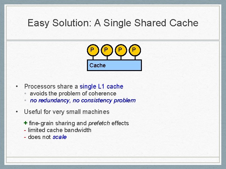 Easy Solution: A Single Shared Cache P P Cache • Processors share a single