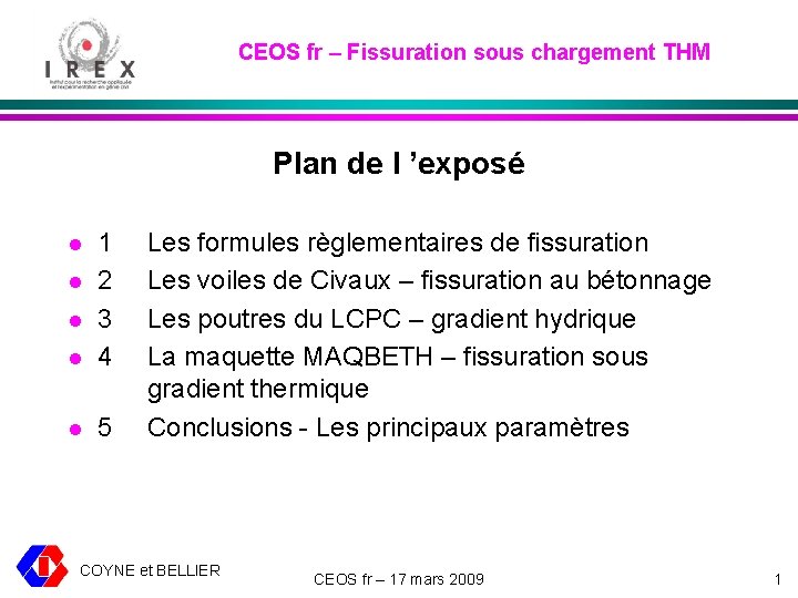 CEOS fr Fissuration sous chargement THM Plan de