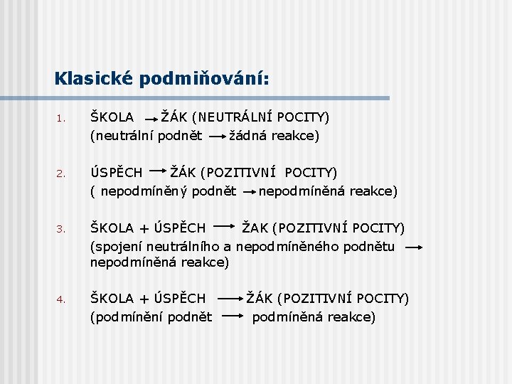 Klasické podmiňování: 1. ŠKOLA ŽÁK (NEUTRÁLNÍ POCITY) (neutrální podnět žádná reakce) 2. ÚSPĚCH ŽÁK