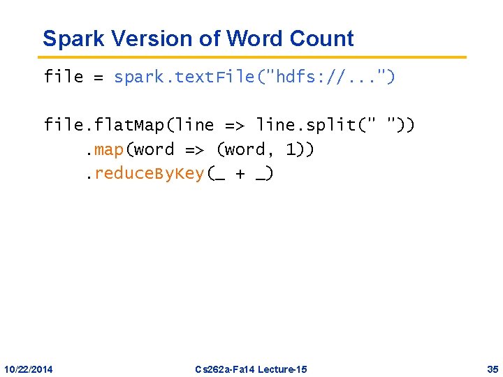 Spark Version of Word Count file = spark. text. File("hdfs: //. . . ")