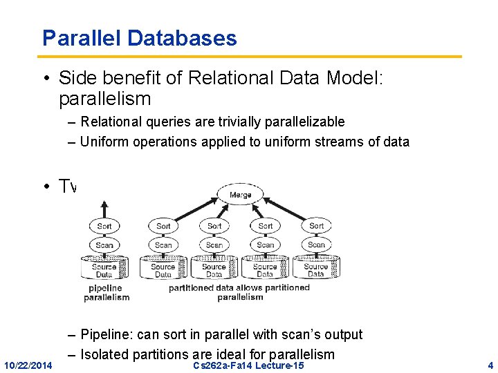 Parallel Databases • Side benefit of Relational Data Model: parallelism – Relational queries are