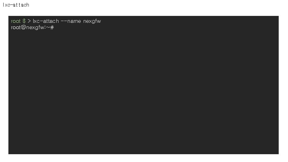 lxc-attach root $ > lxc-attach --name nexgfw root@nexgfw: ~# 