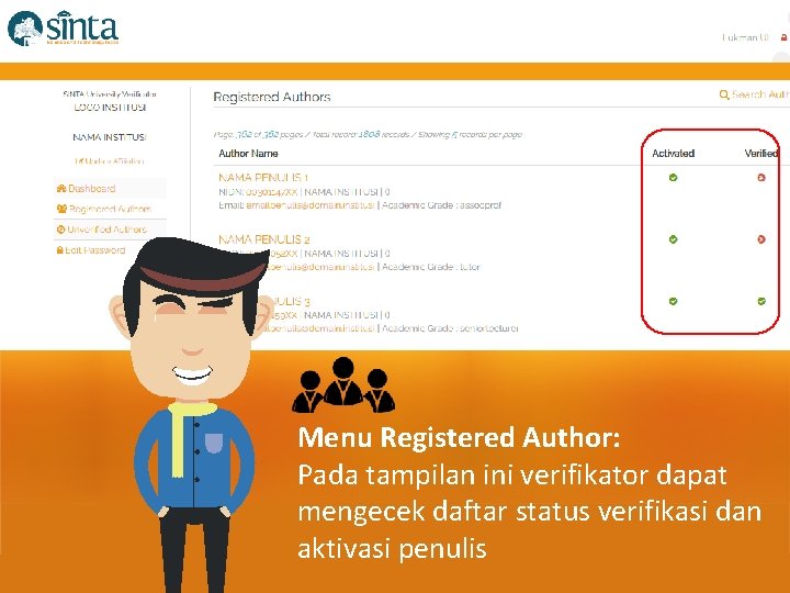 Menu Registered Author: Pada tampilan ini verifikator dapat mengecek daftar status verifikasi dan aktivasi