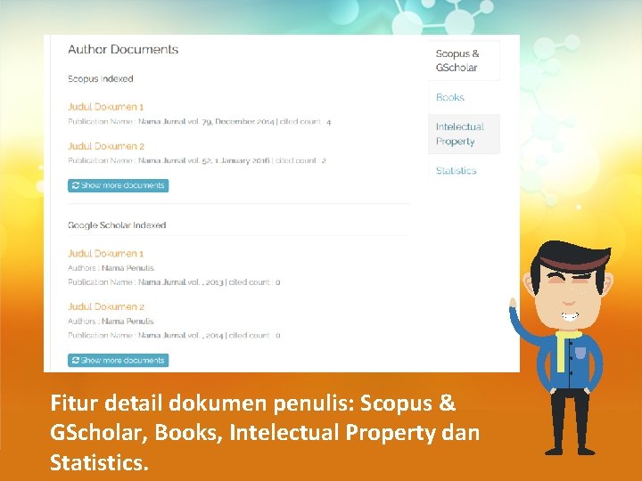 Fitur detail dokumen penulis: Scopus & GScholar, Books, Intelectual Property dan Statistics. 