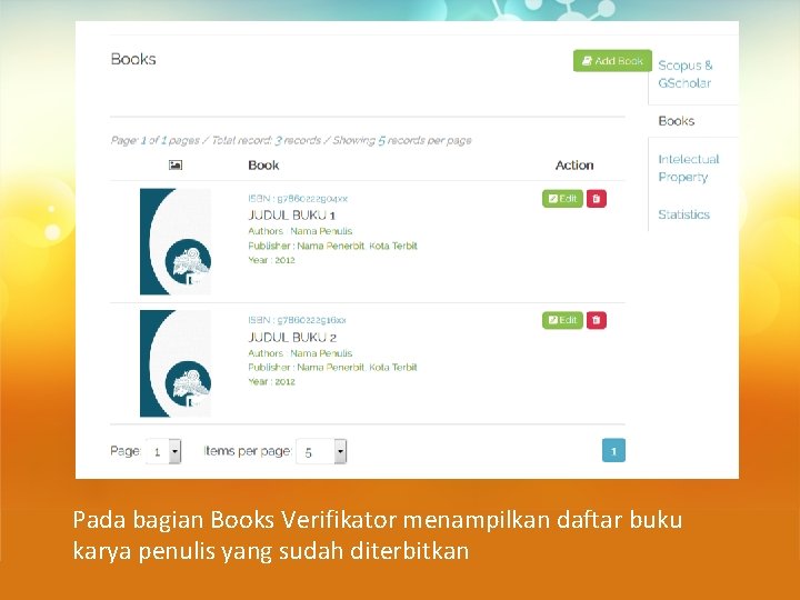 Pada bagian Books Verifikator menampilkan daftar buku karya penulis yang sudah diterbitkan 