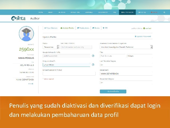 Penulis yang sudah diaktivasi dan diverifikasi dapat login dan melakukan pembaharuan data profil 