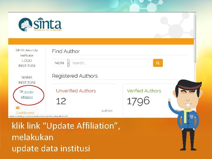 klik link “Update Affiliation”, melakukan update data institusi 