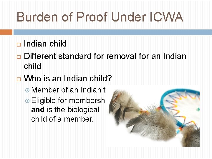 Burden of Proof Under ICWA Indian child Different standard for removal for an Indian