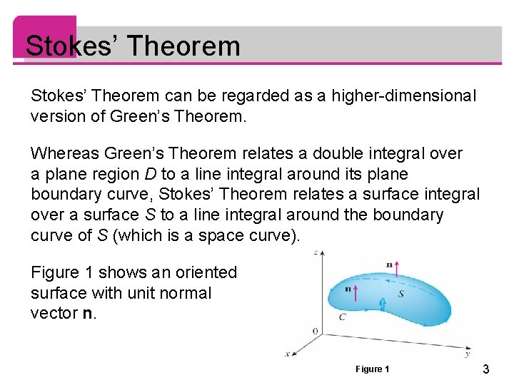 Stokes’ Theorem can be regarded as a higher-dimensional version of Green’s Theorem. Whereas Green’s