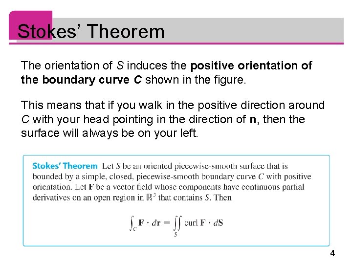 Stokes’ Theorem The orientation of S induces the positive orientation of the boundary curve