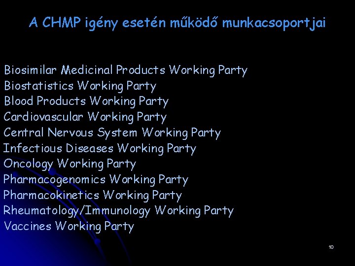 A CHMP igény esetén működő munkacsoportjai Biosimilar Medicinal Products Working Party Biostatistics Working Party