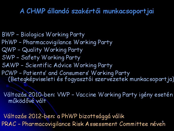 A CHMP állandó szakértői munkacsoportjai BWP – Biologics Working Party Ph. WP – Pharmacovigilance