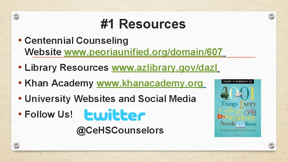 #1 Resources • Centennial Counseling Website www. peoriaunified. org/domain/607 • Library Resources www. azlibrary.