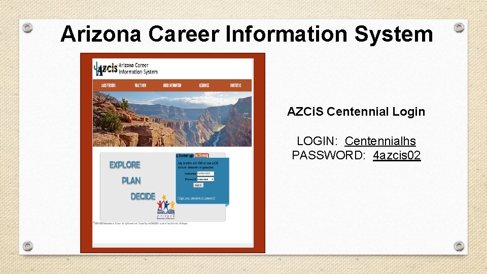 Arizona Career Information System AZCi. S Centennial Login LOGIN: Centennialhs PASSWORD: 4 azcis 02