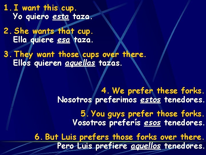 1. I want this cup. Yo quiero esta taza. 2. She wants that cup.