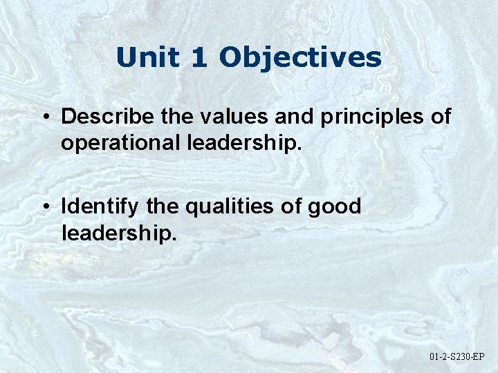 Unit 1 Objectives • Describe the values and principles of operational leadership. • Identify