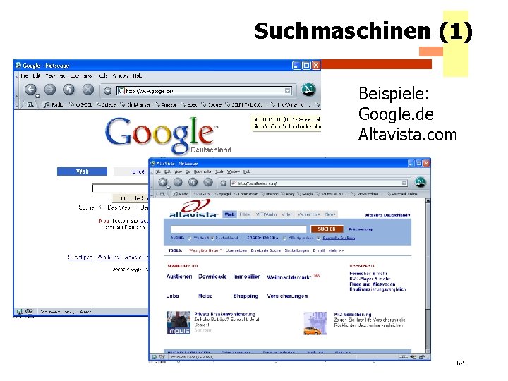 Suchmaschinen (1) Beispiele: Google. de Altavista. com 62 