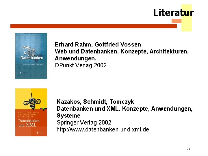 Literatur Erhard Rahm, Gottfried Vossen Web und Datenbanken. Konzepte, Architekturen, Anwendungen. DPunkt Verlag 2002