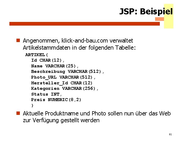 JSP: Beispiel n Angenommen, klick-and-bau. com verwaltet Artikelstammdaten in der folgenden Tabelle: ARTIKEL( Id