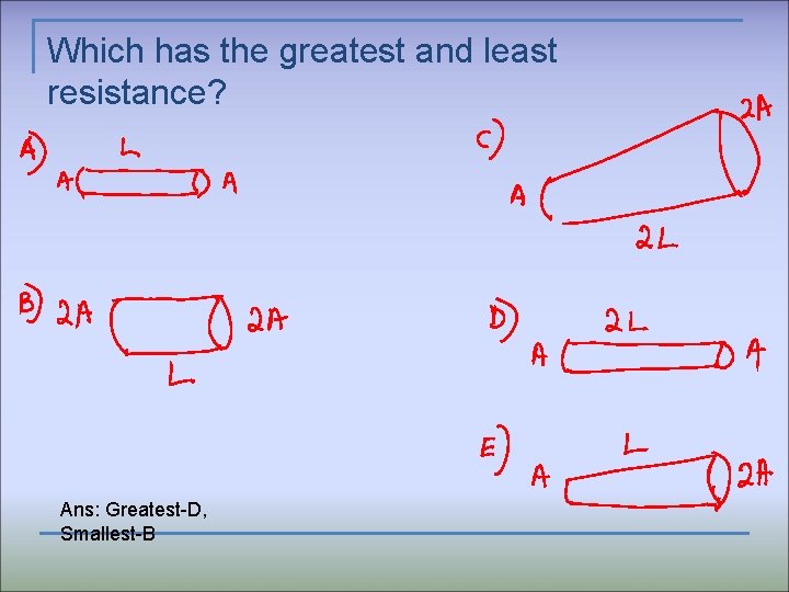 Which has the greatest and least resistance? Ans: Greatest-D, Smallest-B 